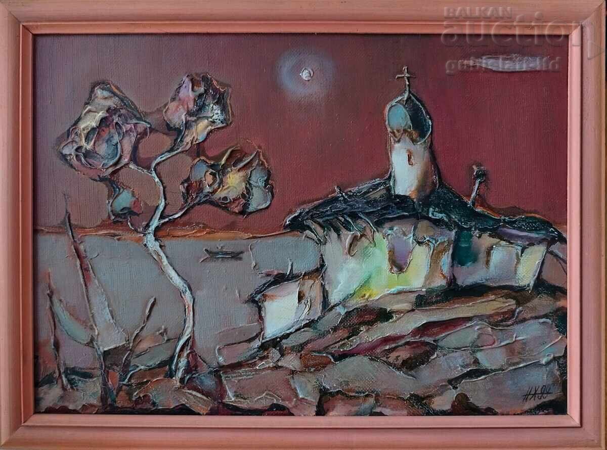 Πίνακας, τοπίο, εκκλησία, θάλασσα, ζωγρ. Ν. Χανζάροφ, 1999