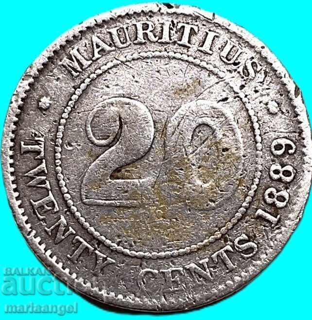 Mauritius 1889 20 cenți Victoria Anglia colonială argint - 7