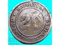 Mauritius 1889 20 cenți Victoria Anglia colonială argint