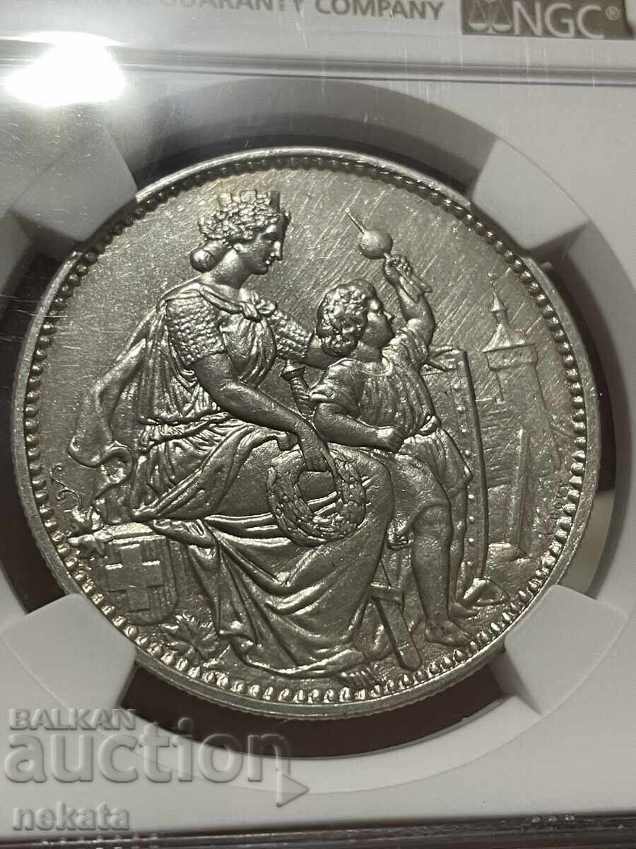 Licitație SHveytsaria 5 franka, 1865 g. Festival v Shafhauzen NGC UNC