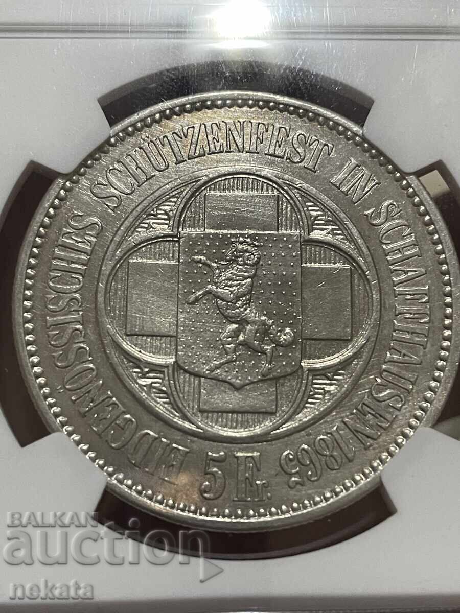Livrarea SHveytsaria 5 franka, 1865 g. Festival v Shafhauzen NGC UNC