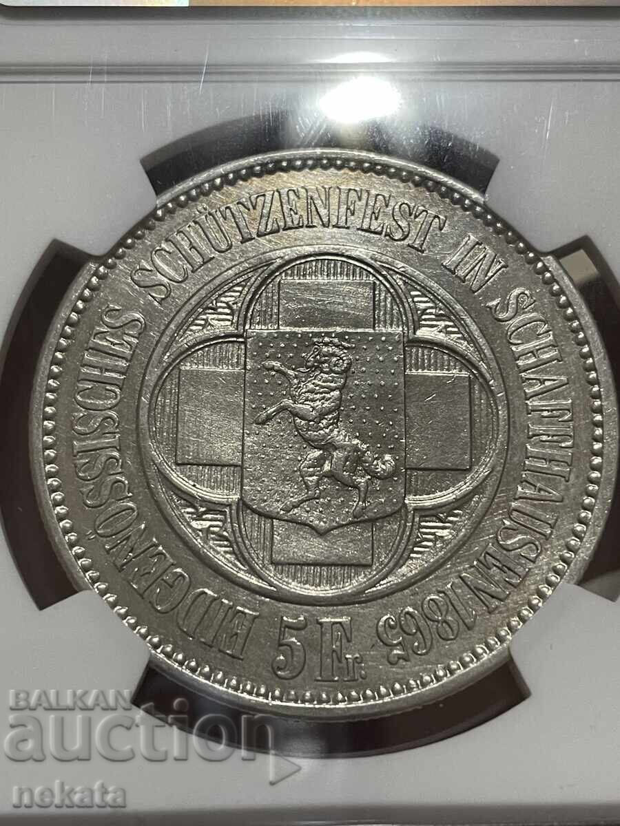 SHveytsaria 5 franka, 1865 g. Festival v Shafhauzen NGC UNC - 5