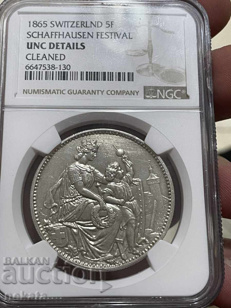 SHveytsaria 5 franka, 1865 g. Festival v Shafhauzen NGC UNC