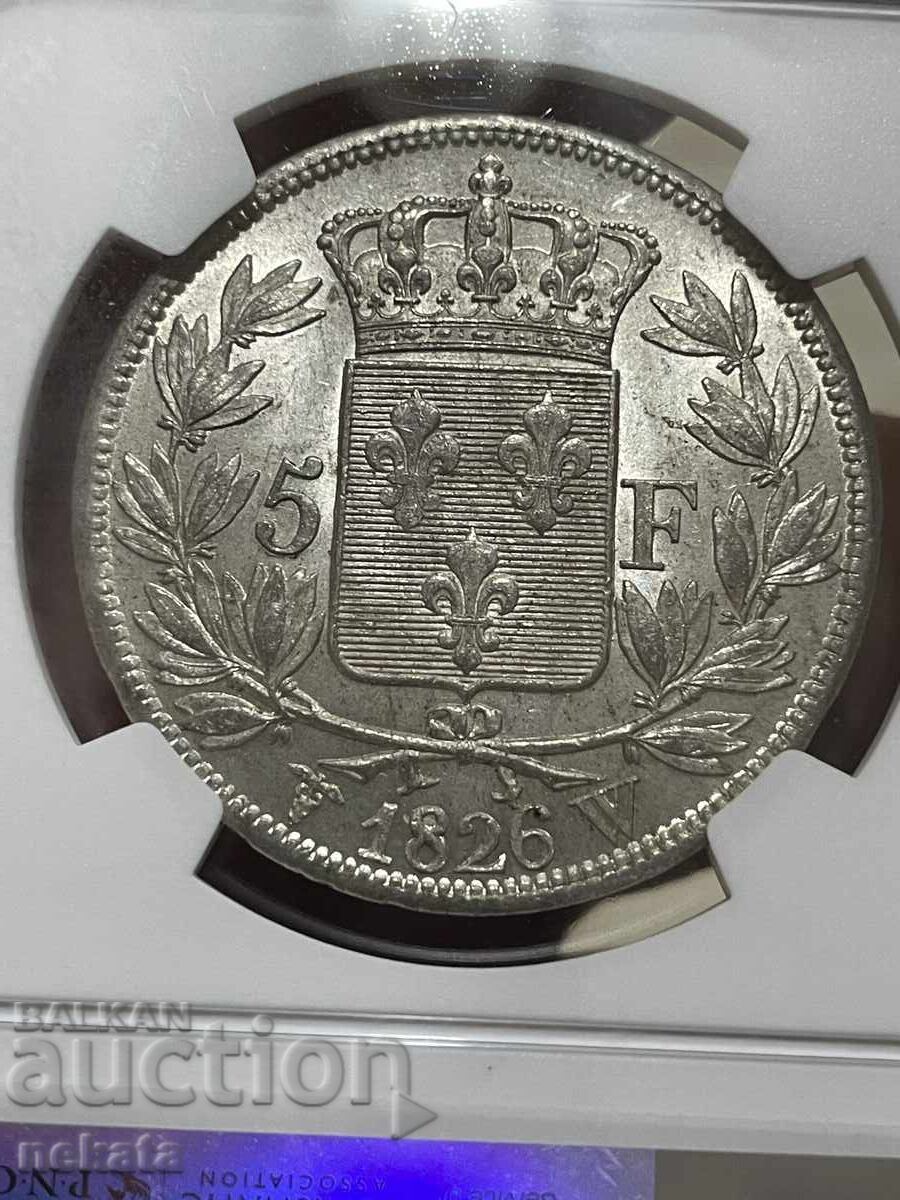 Livrarea Franța 5 franci 1826. Marcaj monetărie 'W' - Lille MS60 NGC
