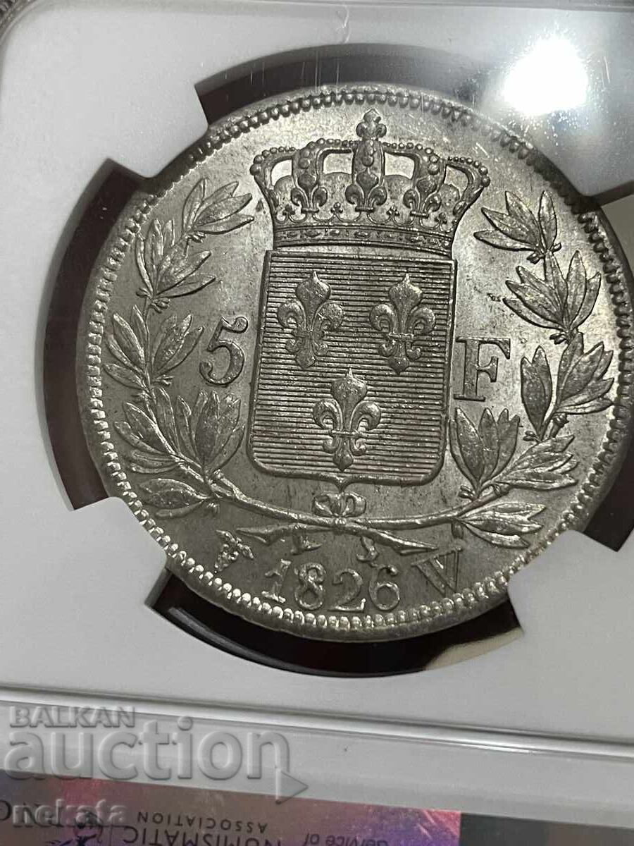 Franța 5 franci 1826. Marcaj monetărie 'W' - Lille MS60 NGC - 5