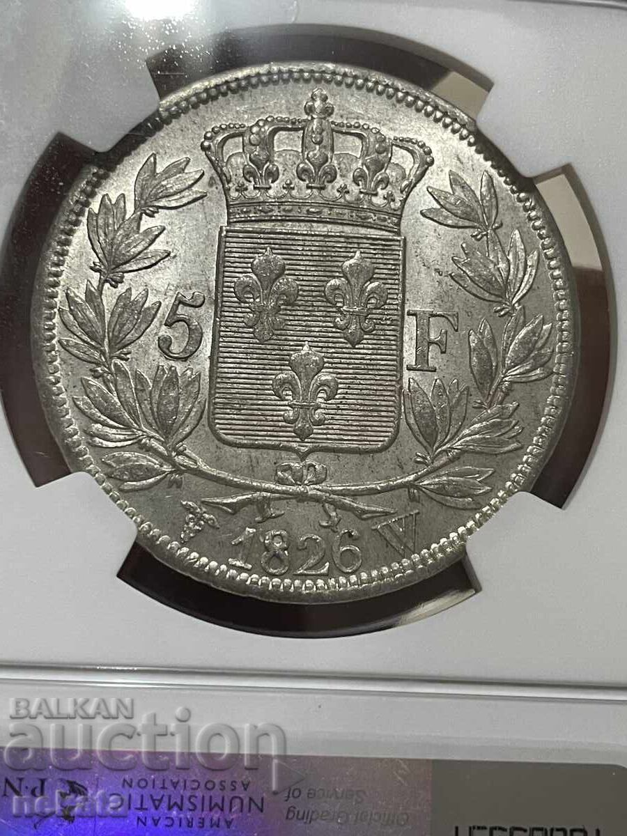 Franța 5 franci 1826. Marcaj monetărie 'W' - Lille MS60 NGC - 6