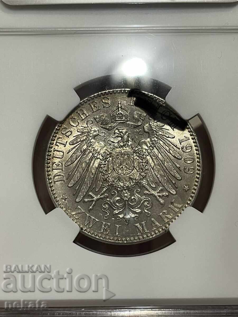 Γερμανική Αυτοκρατορία - Σαξονία, 2 μάρκα 1909 AU58 NGC - 5