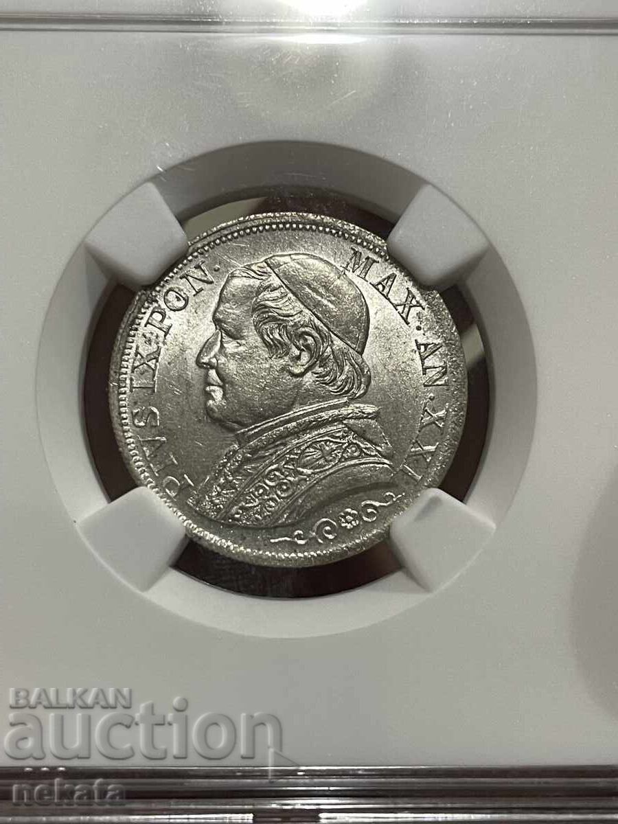 Папска държава 1 лира, 1866 г. MS63 NGC с цена € 180.00 | 352.05 лв. Папска държава 1 лира, 1866 г. MS63 NGC с цена € 180.00 | 352.05 лв.