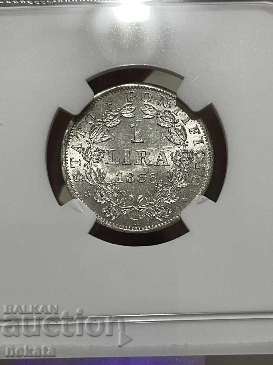 Auction  Papal States 1 Lira, 1866 MS63 NGC