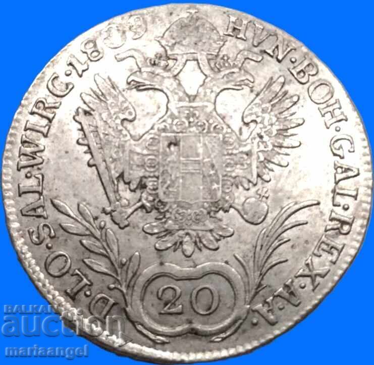 Доставка на 20 кройцера 1809 Австрия А - Вена - рядка година Патина
