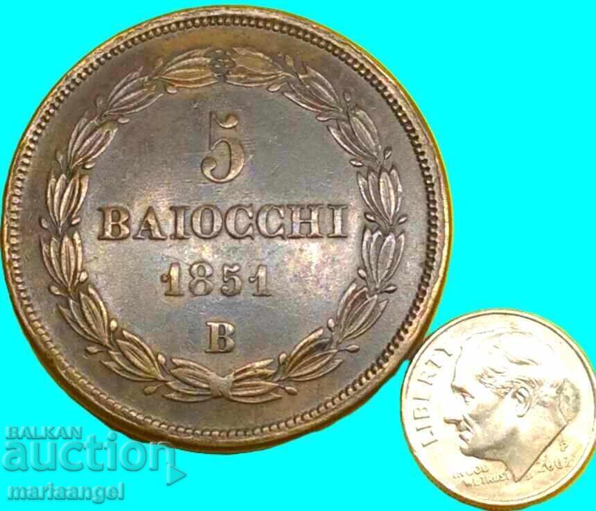 Аукцион 5 байочи 1851 Ватикан 40мм 40,95г Пий IX бронз