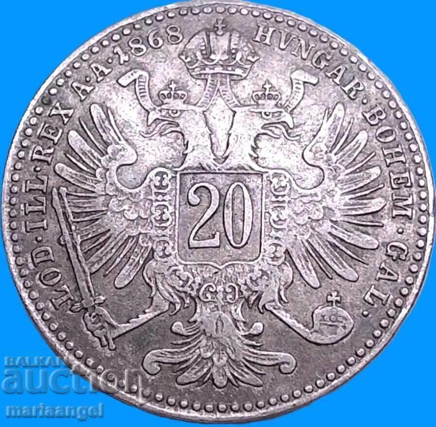 Auction  20 Kreuzer 1868 Austria Franz Joseph Silver