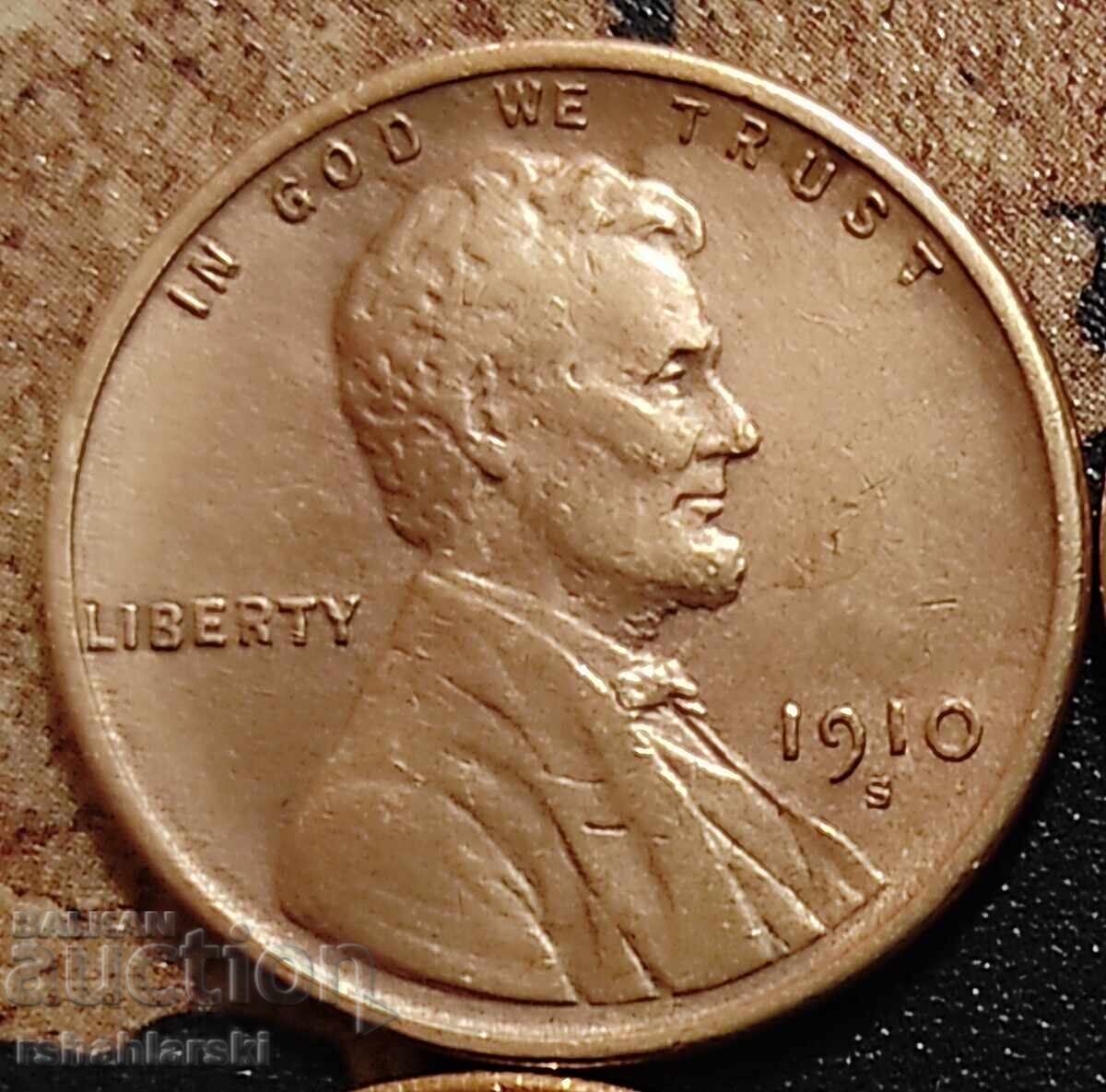 Monedă SUA 1 cent, 1910, Lincoln, marcaj „S”