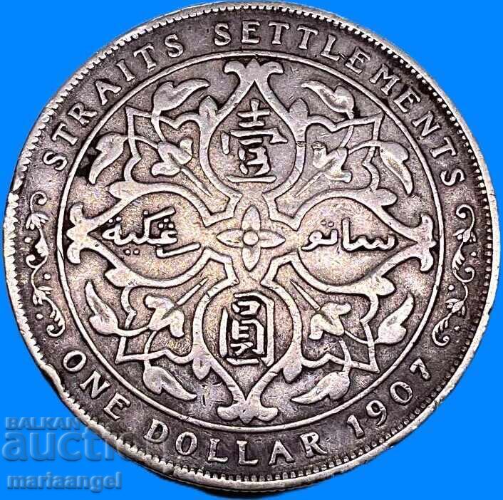 Straits Settlements 1 δολάριο 1907 Μεγάλη Βρετανία Εδουάρδος VII Ag - 6