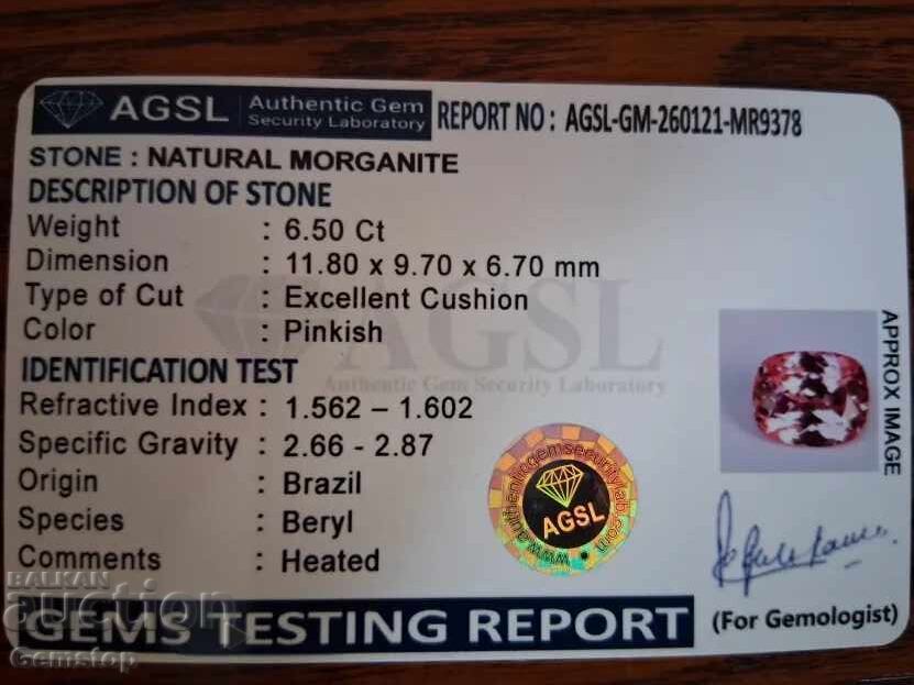 PR! 6.50 ct. morganit natural cushion cert. AGSL de la 1! - 5