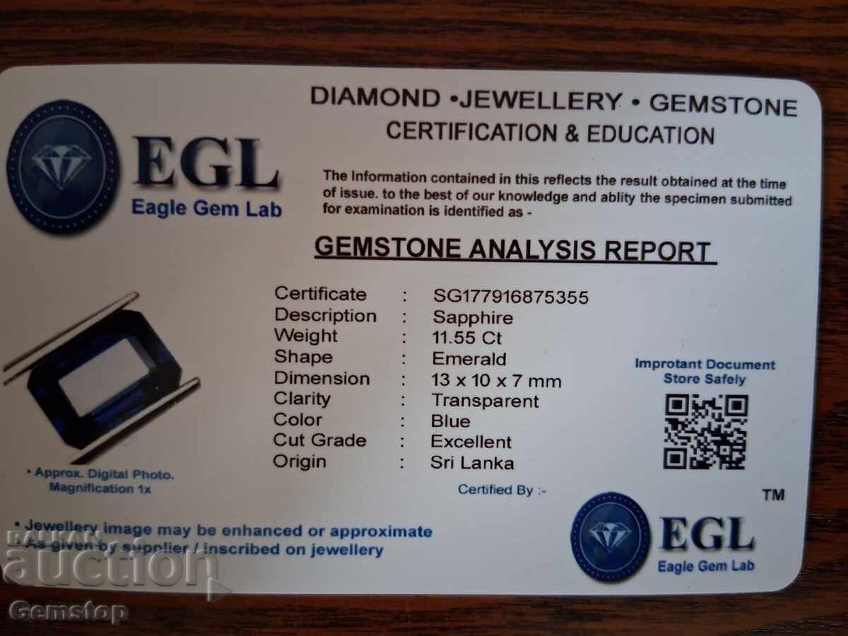 PREȚ DE START! 11,55 ct. safir natural tăietură smarald, cert. EGL, de la 1! - 6