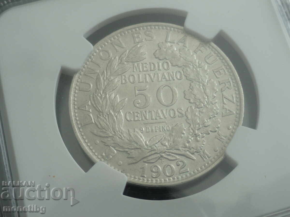 Παράδοση Βολιβία 1902 - 50 Centavos PSGS AU58 (R) Ag