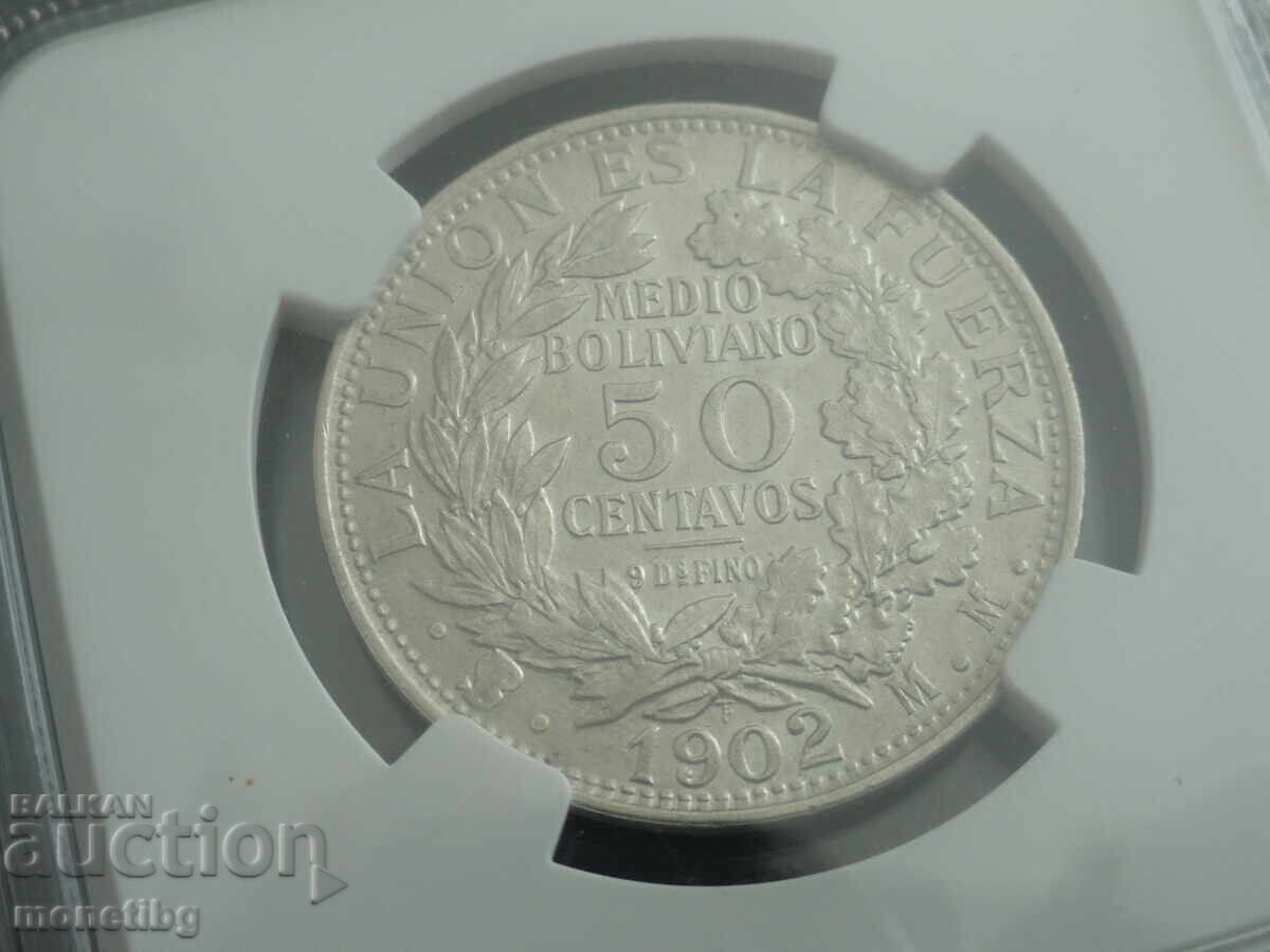 Βολιβία 1902 - 50 Centavos PSGS AU58 (R) Ag - 6