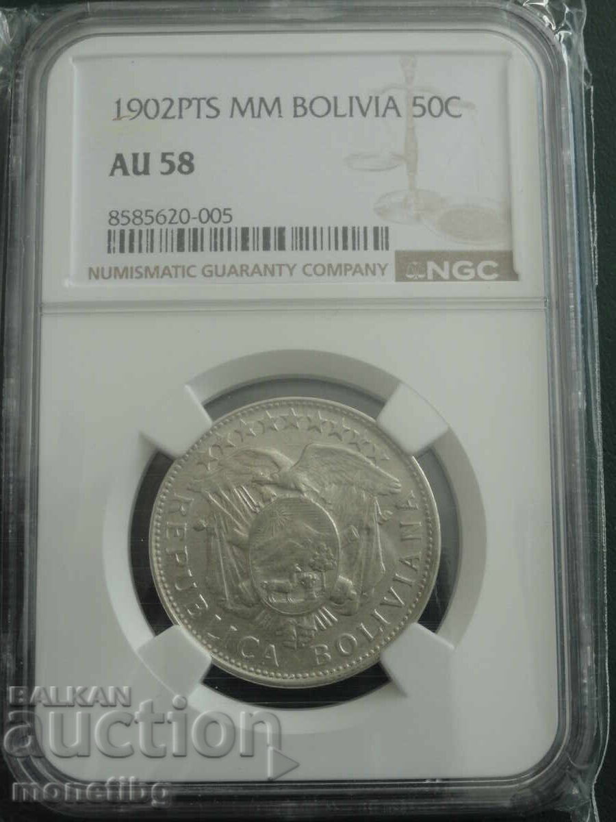 Βολιβία 1902 - 50 Centavos PSGS AU58 (R) Ag - 7