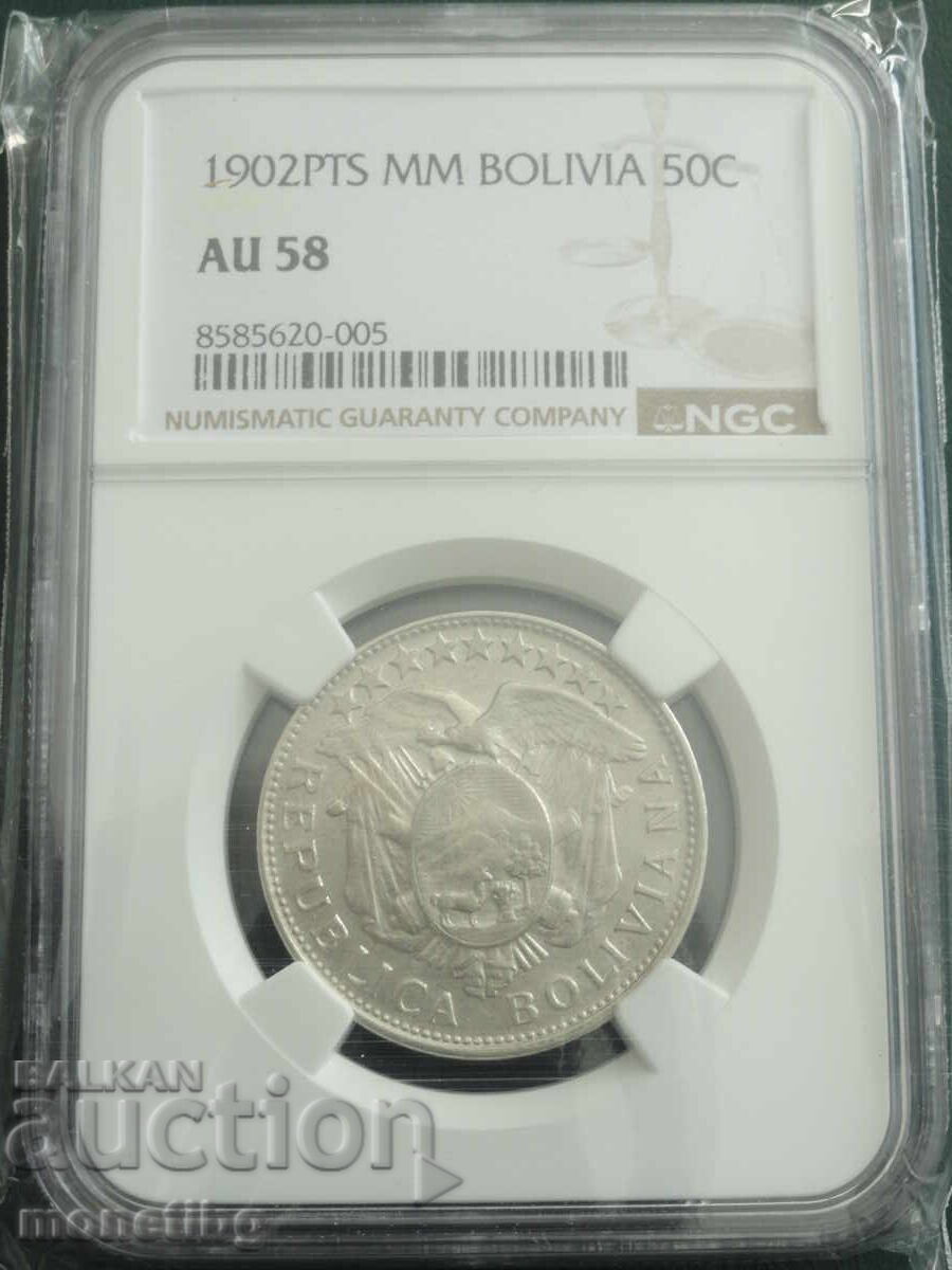 Βολιβία 1902 - 50 Centavos PSGS AU58 (R) Ag