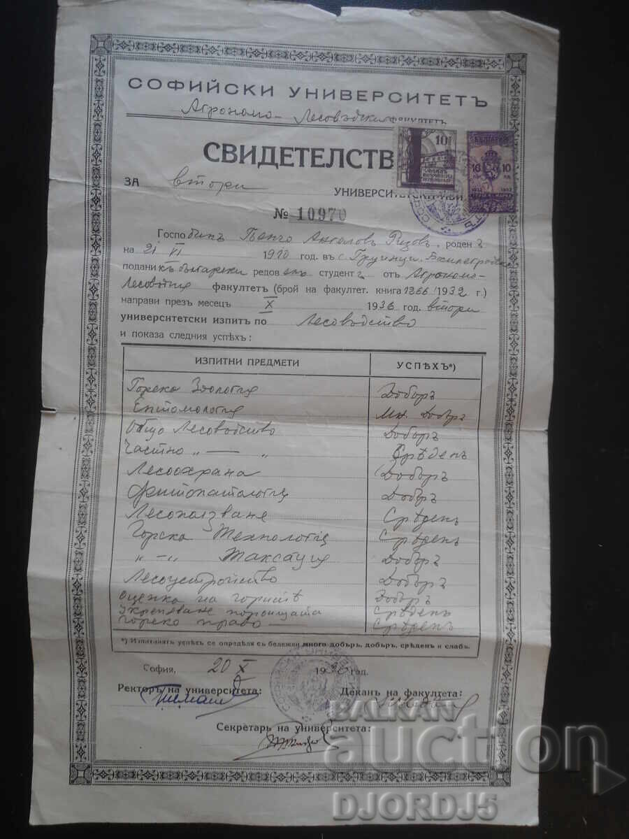 СВИДЕТЕЛСТВО, Софийски университет, Лесовъдство,20.Х.1936 г.
