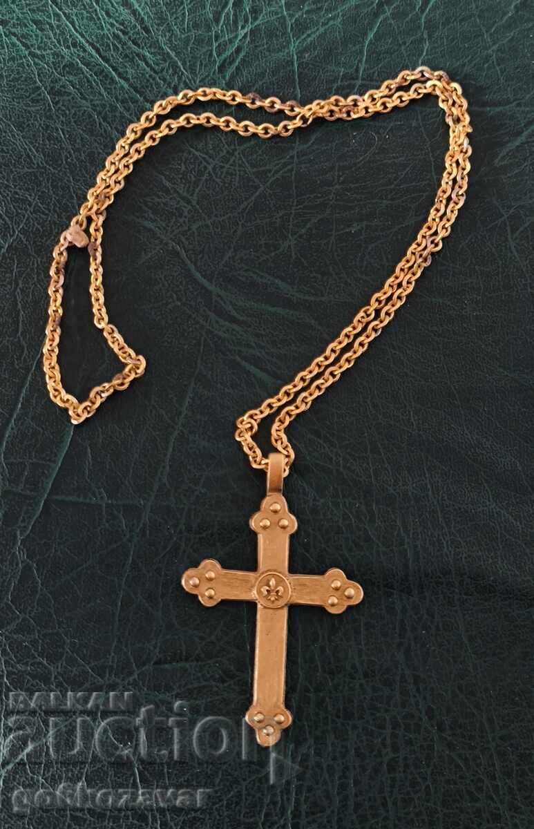 Colier vintage cu două fețe, cruce emailată, culoare aurie - 5