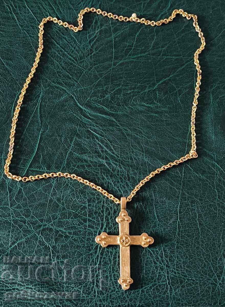 Colier vintage cu două fețe, cruce emailată, culoare aurie