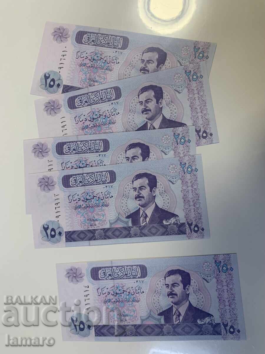 Lot de 5 bancnote UNC 250 dinari Irak Saddam Hussein