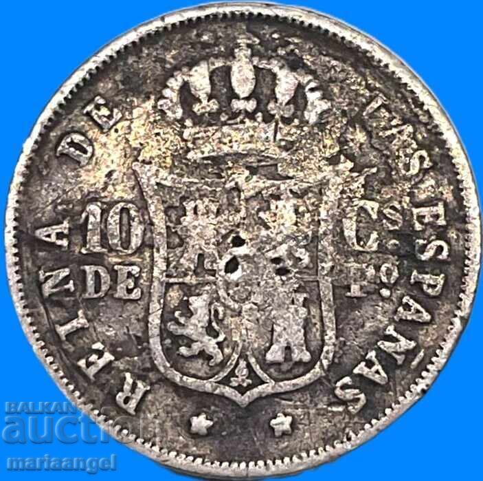 Spania 10 centimos 1868 Isabel II argint - rară - 5