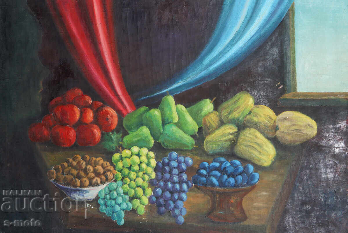 Tablou vechi în ulei, natură moartă cu fructe