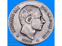 Spania 20 centimos 1885 Alfonso XII 5.12g argint - rară