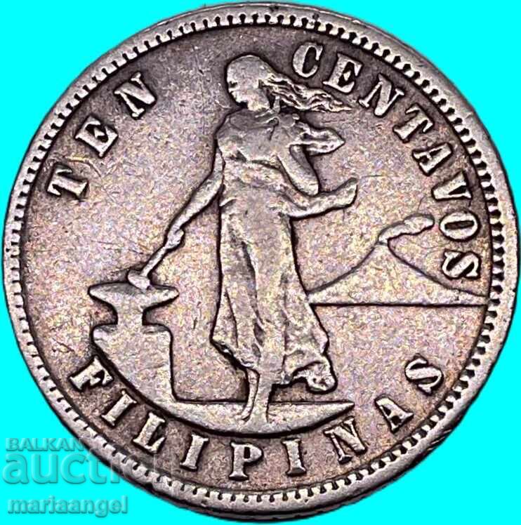 Licitație Filipine SUA 10 centavos 1904 2.72g foarte rară argint