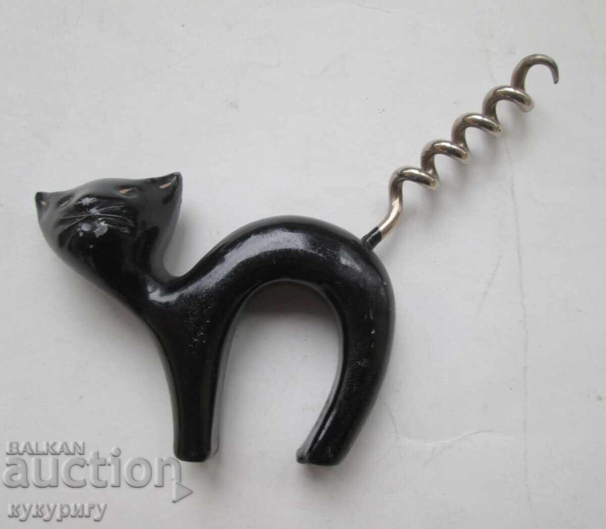 Tirbușon vechi cu mâner în formă de pisică neagră din metal