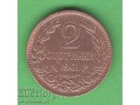 (¯`'•.¸ 2 stotinki 1901 BŬLGARIYA ¸.•'´¯)