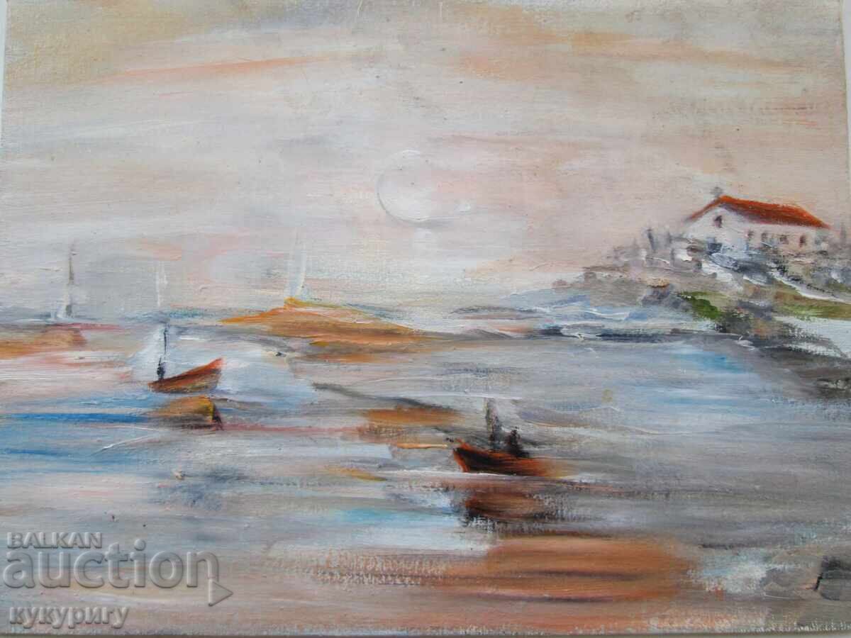 Tablou pictură peisaj marin bărci ulei pe pânză cu preț € 50.00 | 97.79 BGN