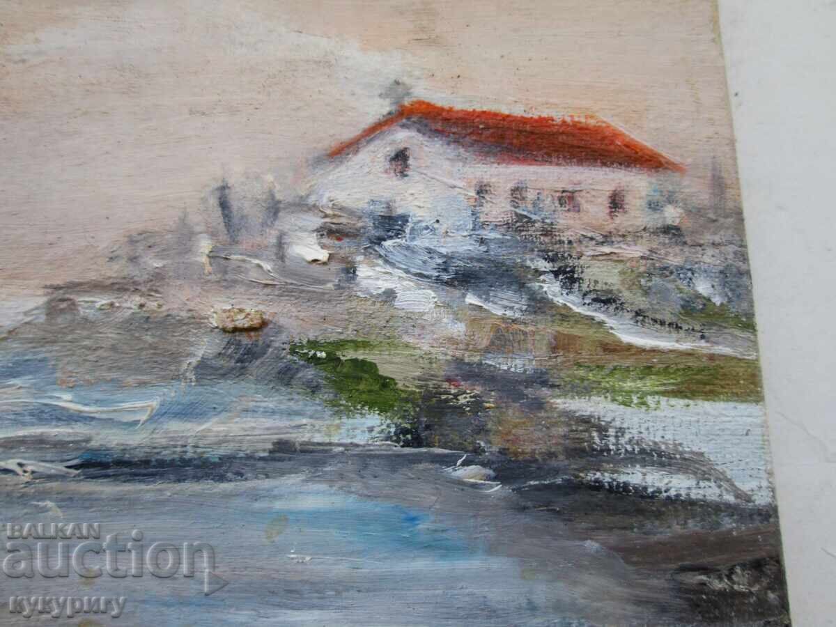 Licitație Tablou pictură peisaj marin bărci ulei pe pânză
