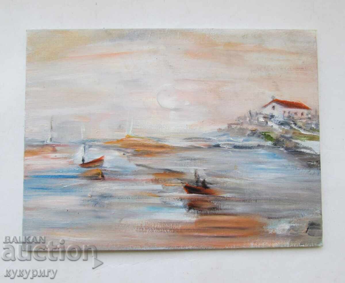 Tablou pictură peisaj marin bărci ulei pe pânză