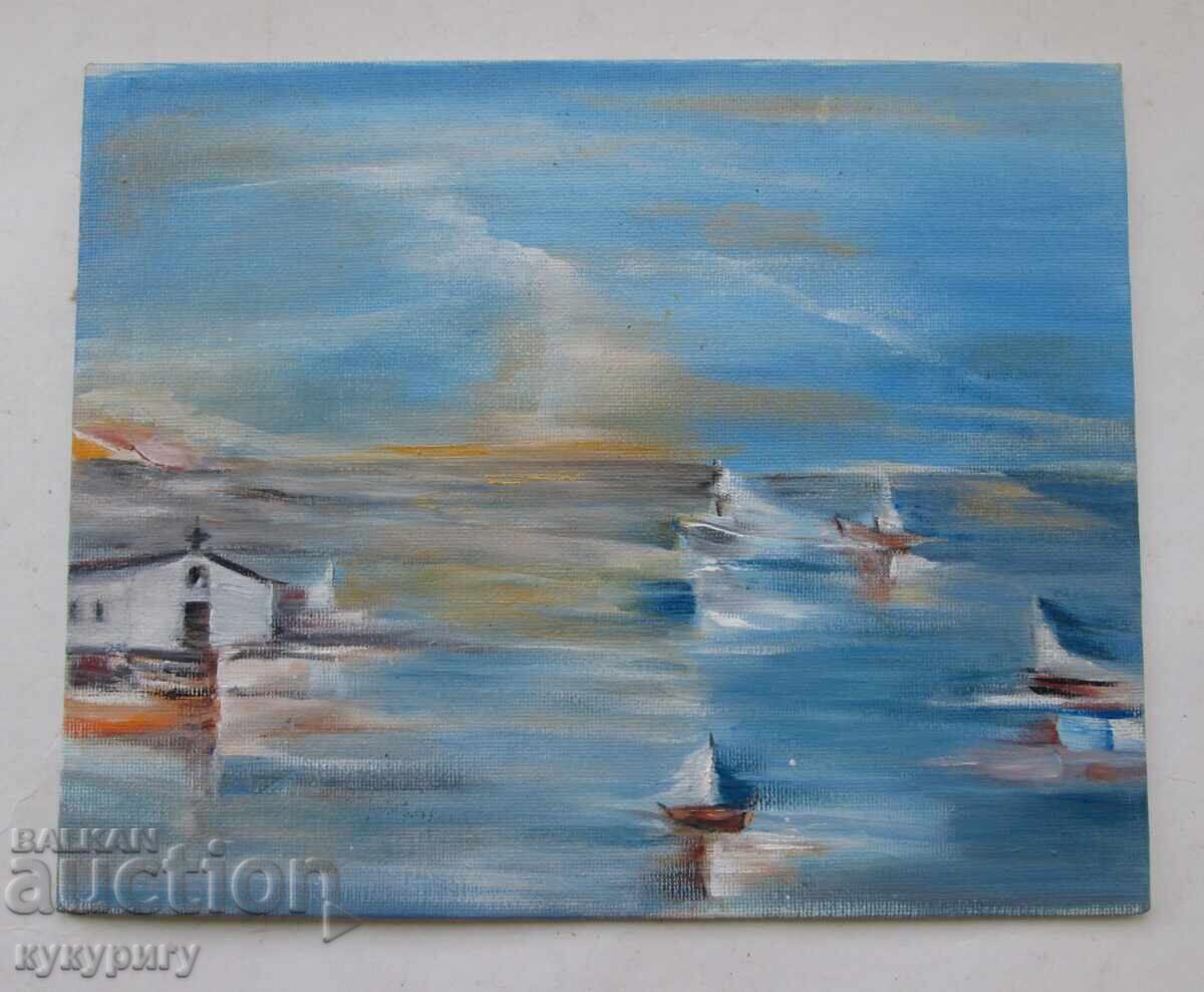 Картина рисунка морски пейзаж лодки масло в/у платно с цена € 50.00 | 97.79 лв.