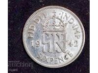 Silver coin from Great Britain 6 Pence 1942