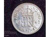 Silver coin from Great Britain 6 Pence 1942