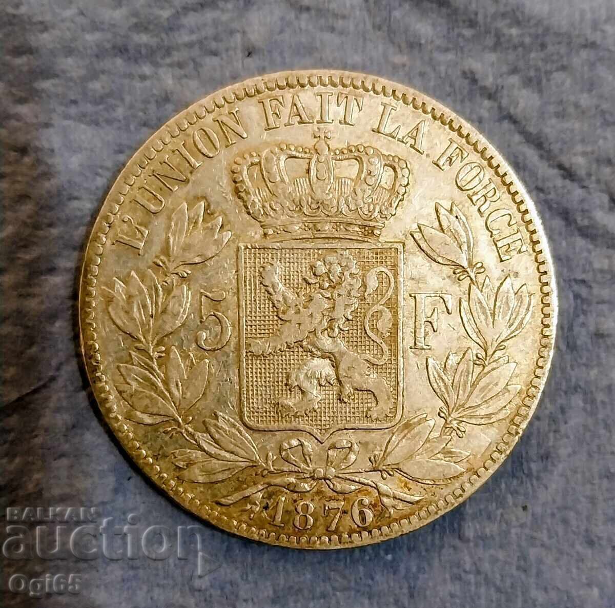 Monedă rară din argint Belgia 5 Franci 1876