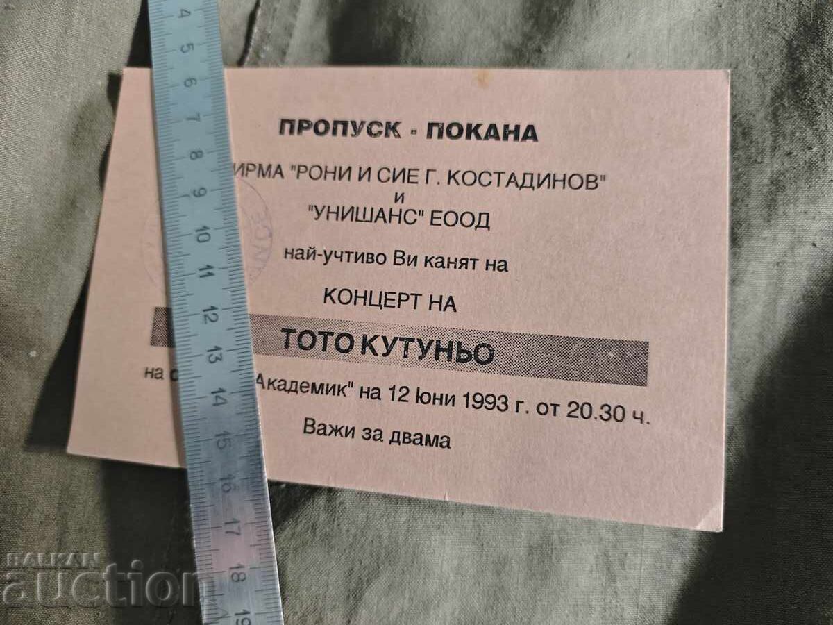 Invitation pass for the Toto Cutugno concert 1993