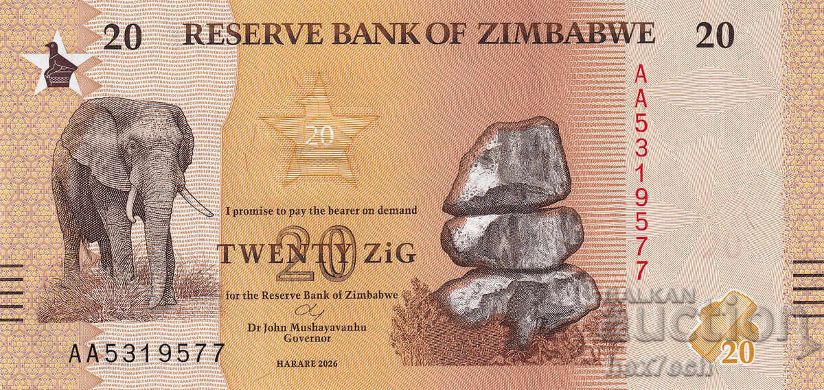 ❤️ ⭐ Zimbabwe 2026 20 zig UNC nouă ⭐ ❤️ cu preț € 4.99 | 9.76 BGN