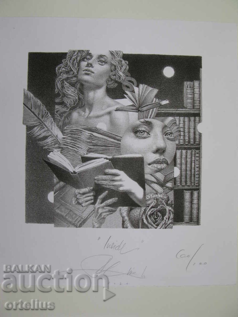 Licitație 2) Petar Chinovski semnat gravură în acvaforte grafică ex-libris