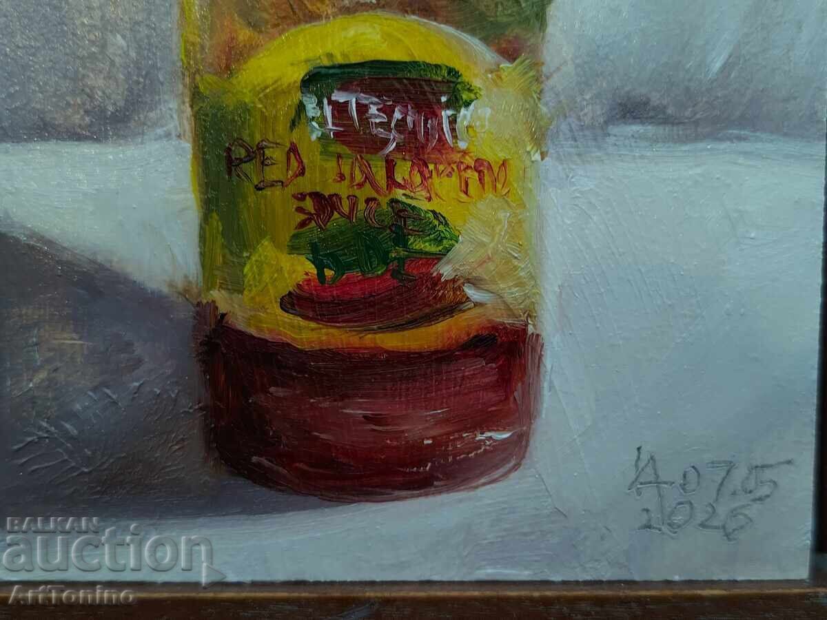 Livrarea Pictură în ulei - Natură moartă - Sticluță cu sos iute - Anton Yordanov Livrarea Pictură în ulei - Natură moartă - Sticluță cu sos iute - Anton Yordanov