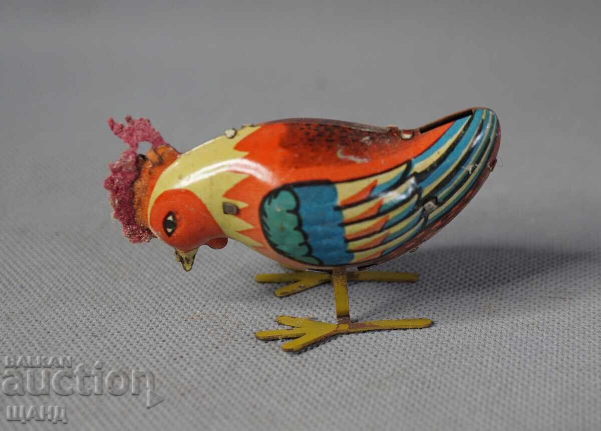 Veche jucărie mecanică din metal figurină cocoș funcțională