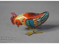 Veche jucărie mecanică din metal figurină cocoș funcțională
