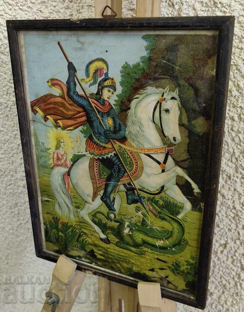 Auction  OLD FRAMED LITHOGRAPH ICON ST. GEORGE