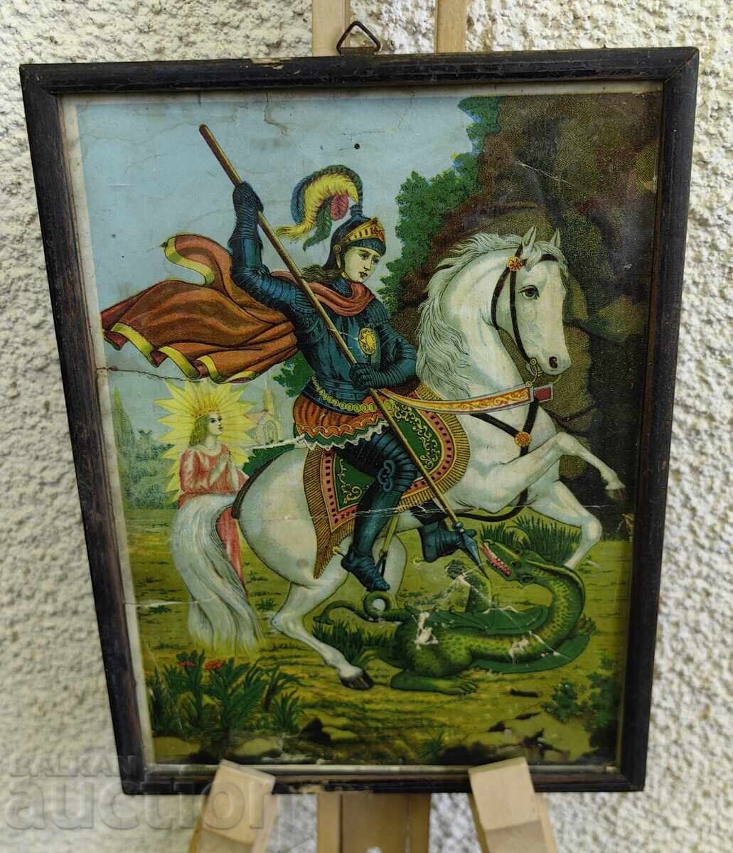 OLD FRAMED LITHOGRAPH ICON ST. GEORGE