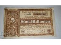 Нот гелд Германия 5 милиона марки 1923 година.